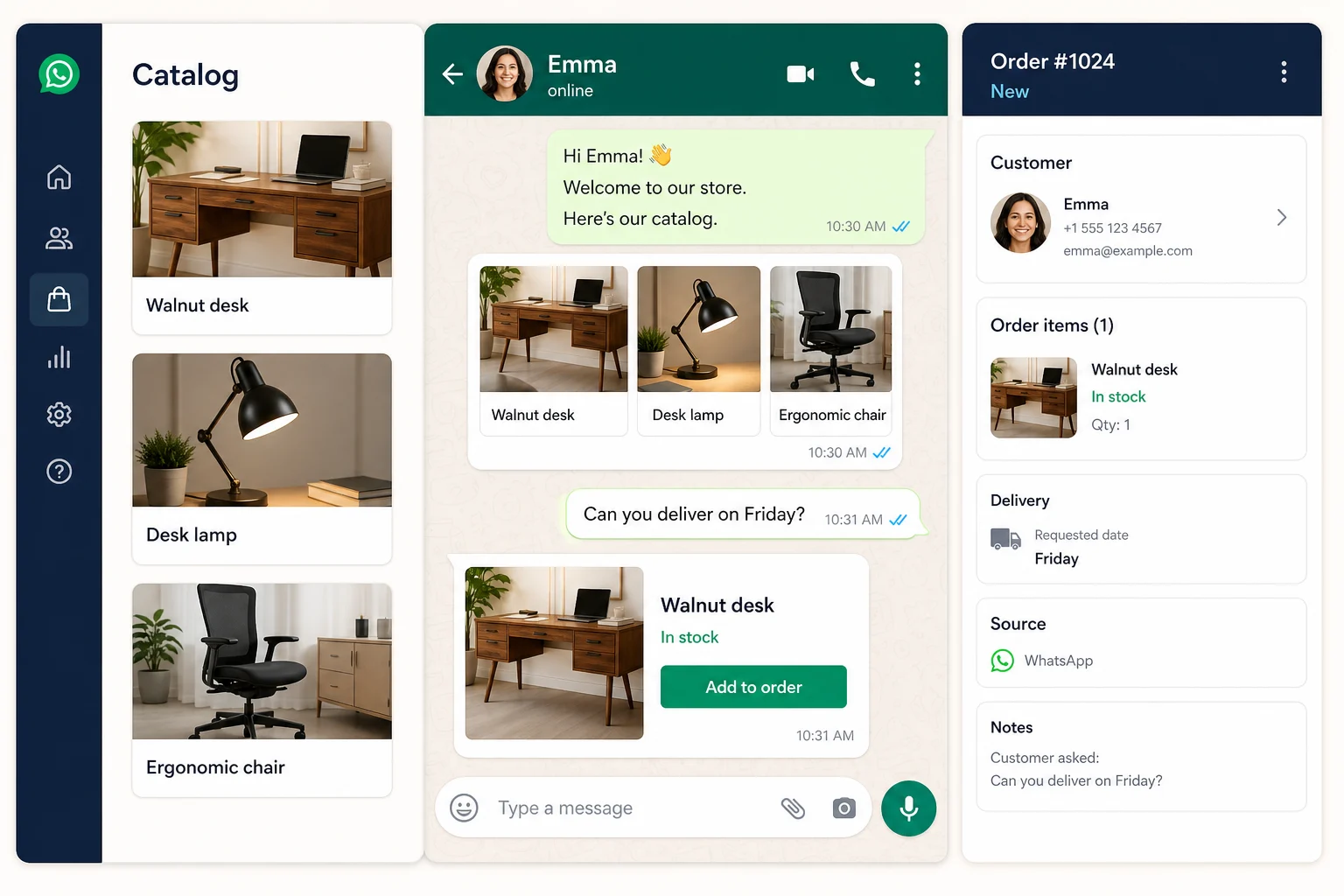 WhatsApp product catalog and customer conversation creating an order with CRM context