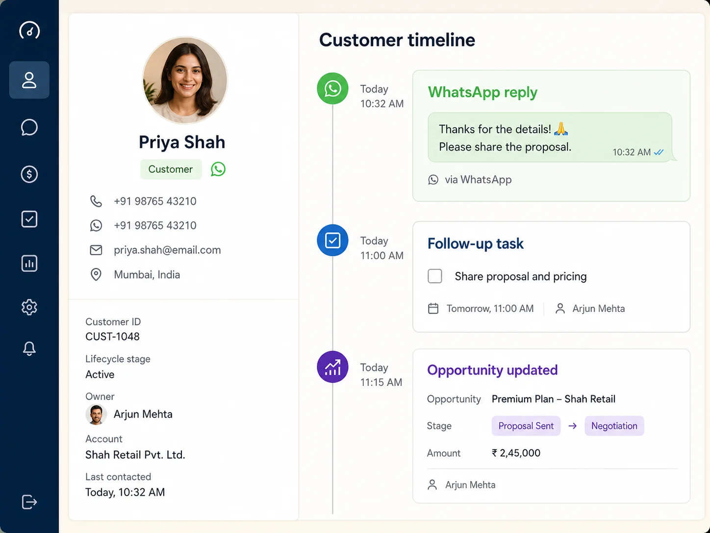 CRM timeline combining a WhatsApp reply, follow-up task, and opportunity update