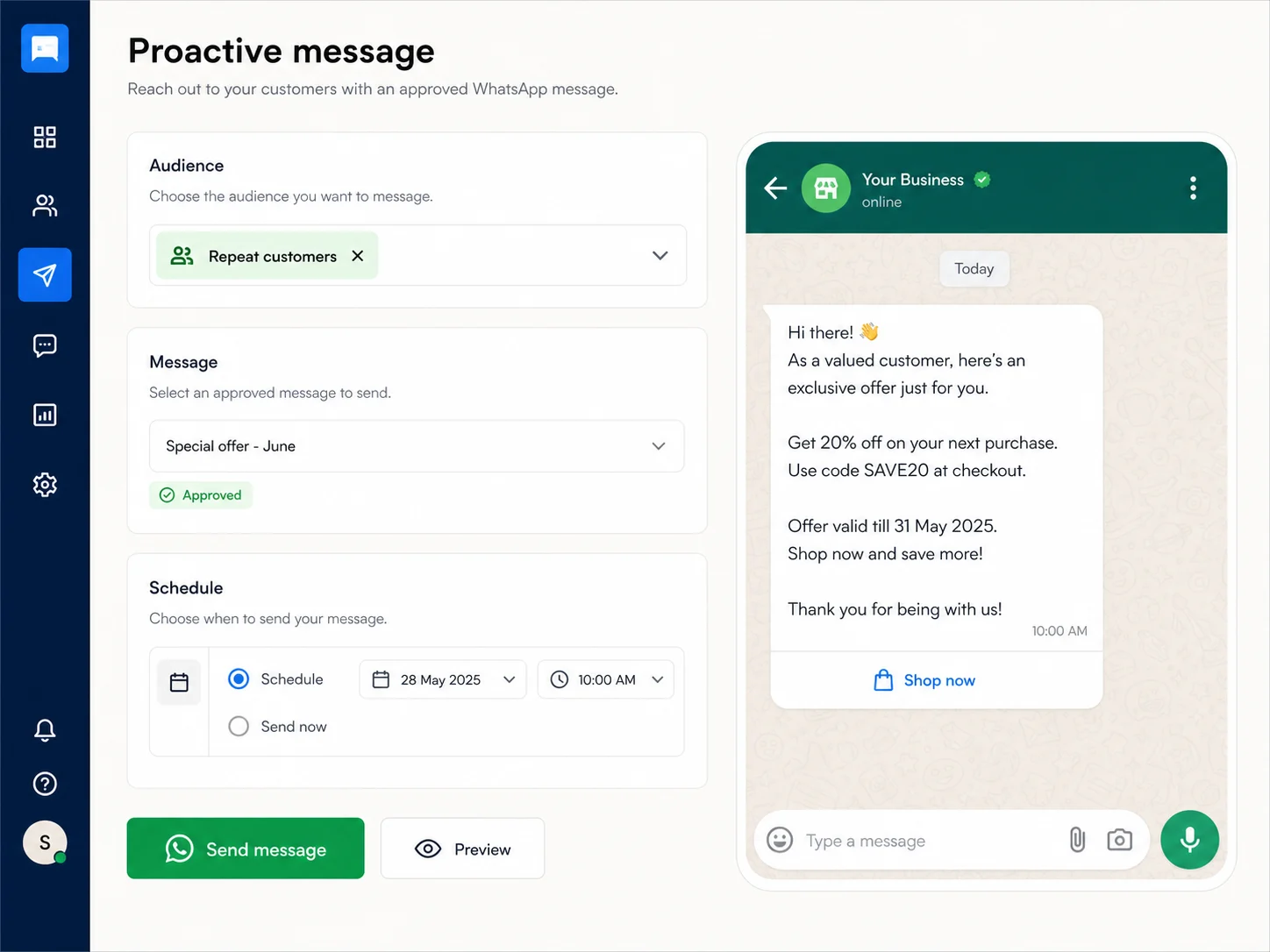 Proactive WhatsApp message scheduled for a customer segment