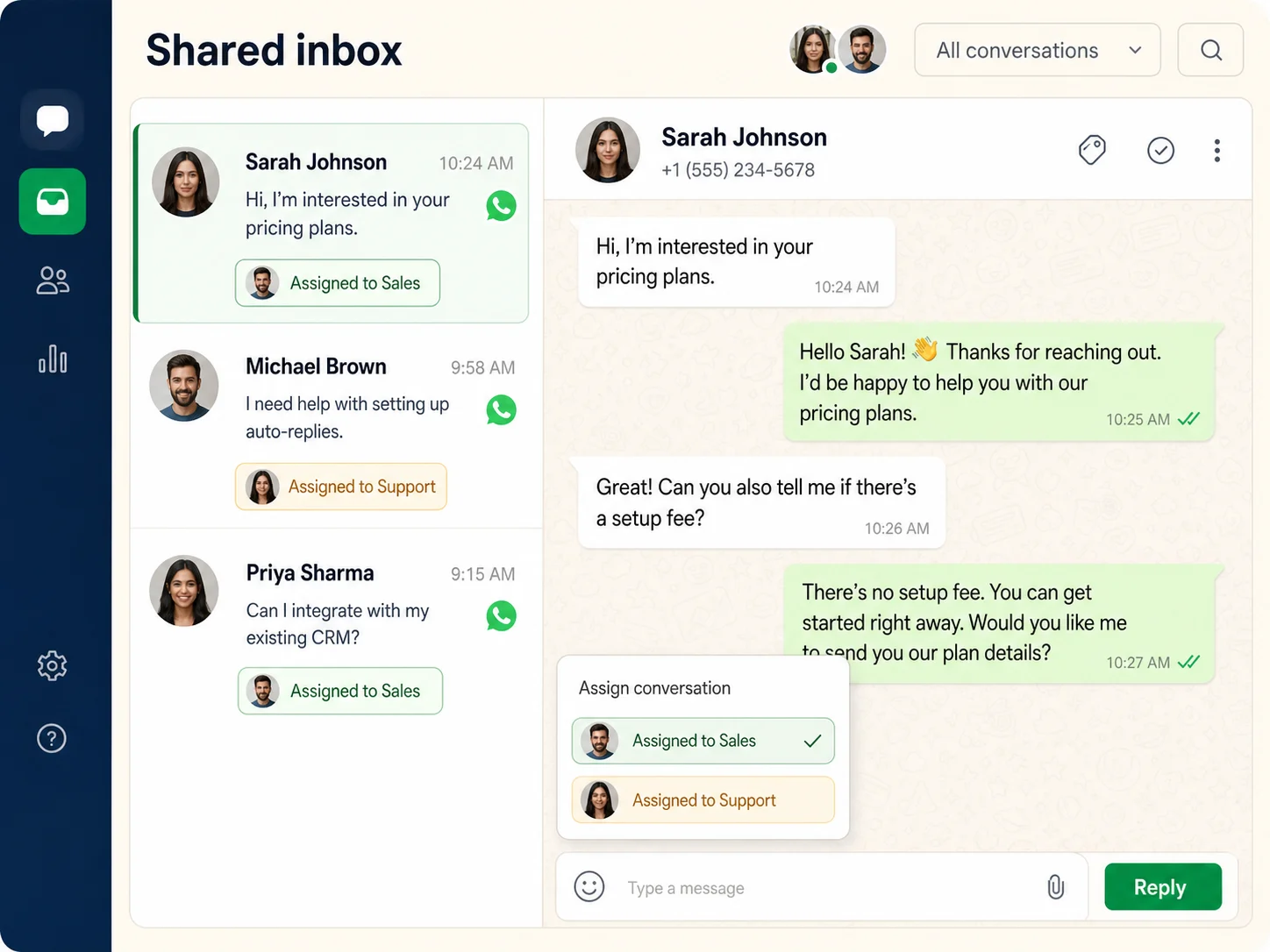 Shared WhatsApp inbox assigning customer conversations to sales and support